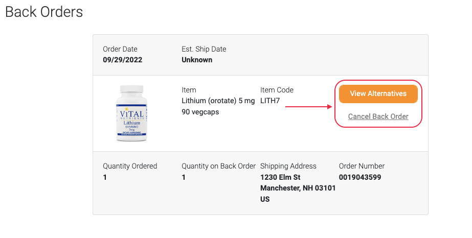 Click Cancel Back Order, or click View Alternatives to swap for an available product. 