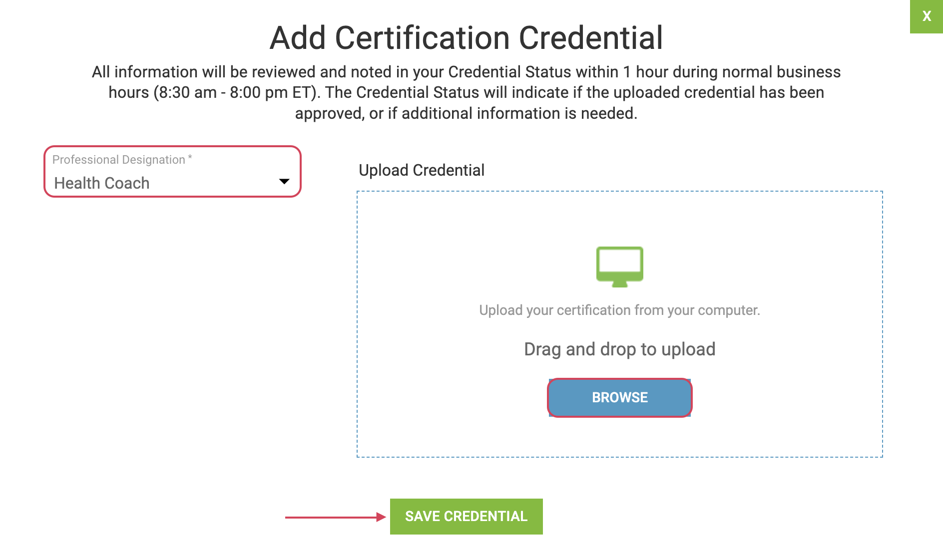 Uploading a credential online.