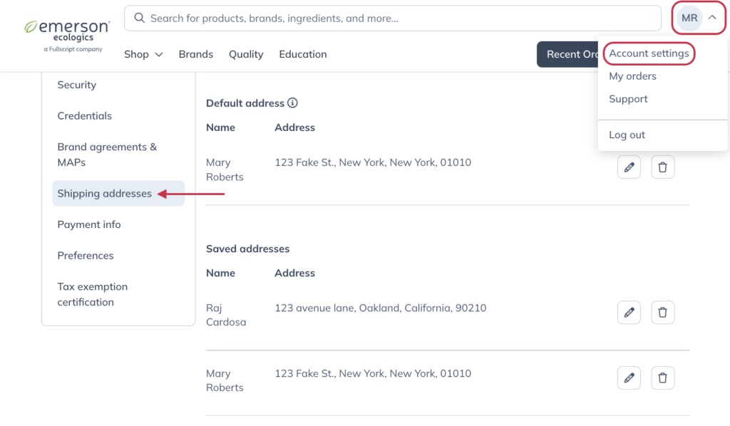 Finding the Shipping addresses page