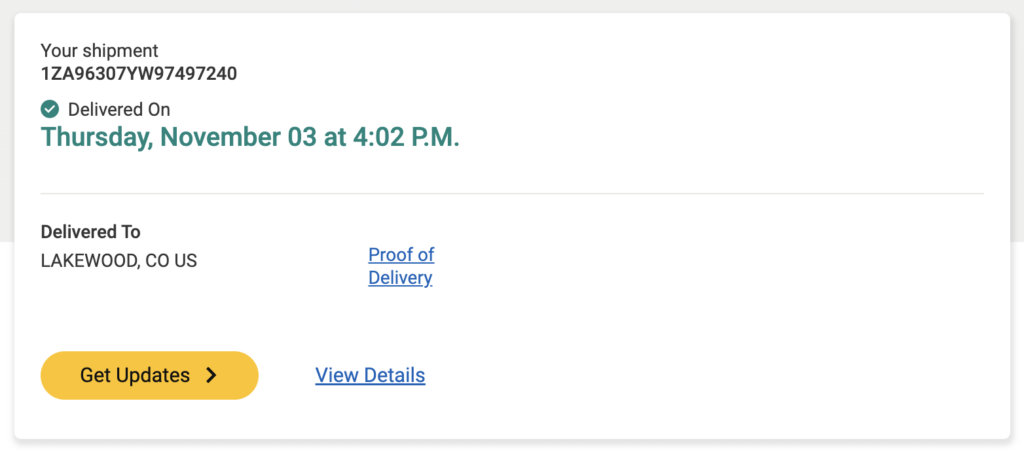An example of package delivery confirmation from a UPS tracking link.
